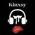 Kinxsy logo. A pair of head phones with dripping audio symbol and a pair of lips with the bottom lip partially bitten.